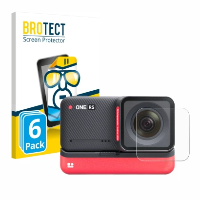 Parte frontal de un envase de producto con el logotipo de la marca BROTECT. Al lado se muestra el dispositivo Insta360 One RS 