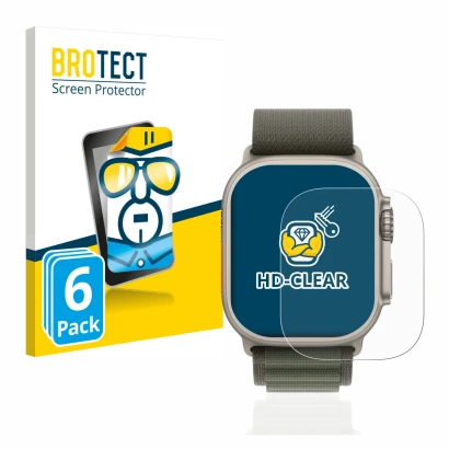 Parte frontal de un envase de producto con el logotipo de la marca BROTECT. Al lado se muestra el dispositivo Apple Watch Ultr