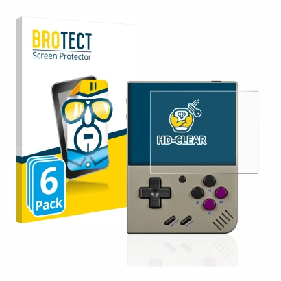 Parte frontal de un envase de producto con el logotipo de la marca BROTECT. Al lado se muestra el dispositivo Miyoo Mini Plus 