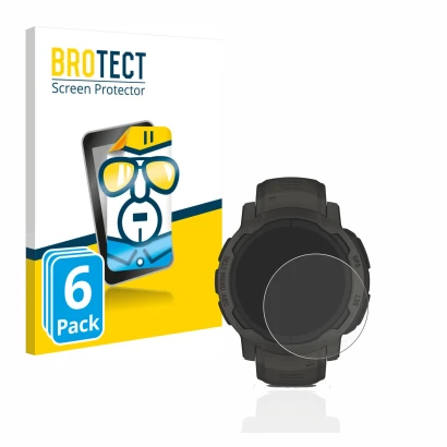 Parte frontal de un envase de producto con el logotipo de la marca BROTECT. Al lado se muestra el dispositivo Garmin Instinct 