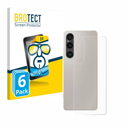 Parte frontal de un envase de producto con el logotipo de la marca BROTECT. Al lado se muestra el dispositivo Sony Xperia 1 V 