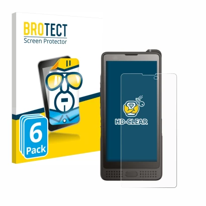 Parte frontal de un envase de producto con el logotipo de la marca BROTECT. Al lado se muestra el dispositivo Sonim XP10 con s