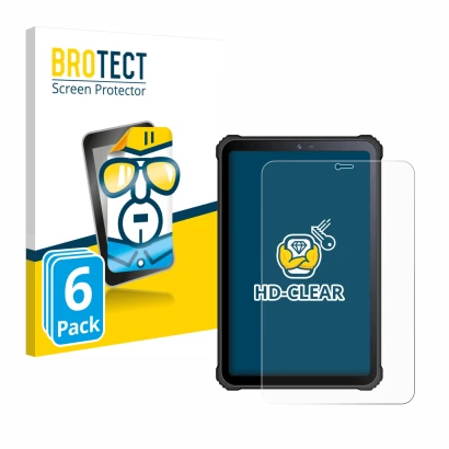 Parte frontal de un envase de producto con el logotipo de la marca BROTECT. Al lado se muestra el dispositivo Oukitel RT3 con