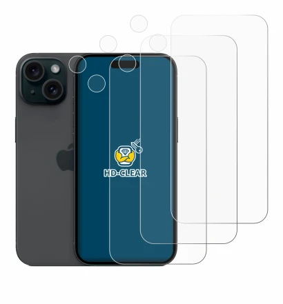 Imagen del dispositivo Apple iPhone 15 (Frontal+Cámara) con una amplia variedad de protectores de pantalla.