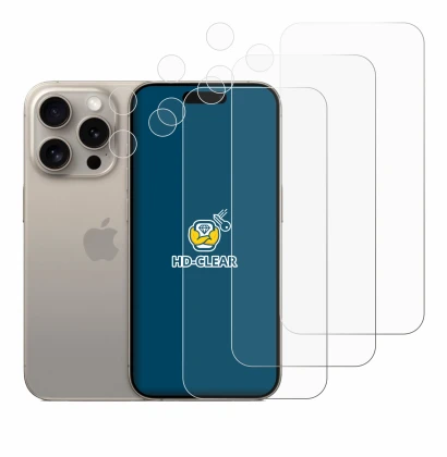 Imagen del dispositivo Apple iPhone 15 Pro (Frontal+Cámara) con una amplia variedad de protectores de pantalla.