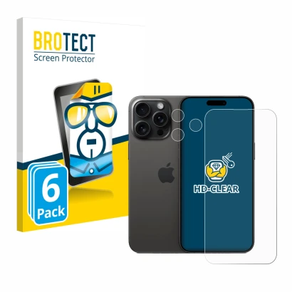 Parte frontal de un envase de producto con el logotipo de la marca BROTECT. Al lado se muestra el dispositivo Apple iPhone 15 