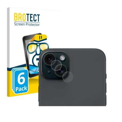 Parte frontal de un envase de producto con el logotipo de la marca BROTECT. Al lado se muestra el dispositivo Apple iPhone 15
