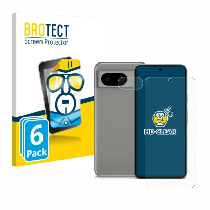 Parte frontal de un envase de producto con el logotipo de la marca BROTECT. Al lado se muestra el dispositivo Google Pixel 8 (