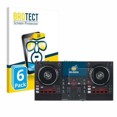Parte frontal de un envase de producto con el logotipo de la marca BROTECT. Al lado se muestra el dispositivo Numark Mixstream