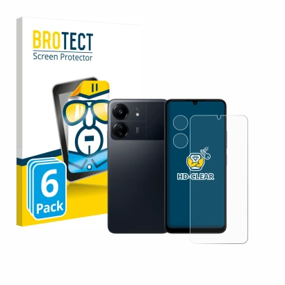 Parte frontal de un envase de producto con el logotipo de la marca BROTECT. Al lado se muestra el dispositivo Xiaomi Poco C65