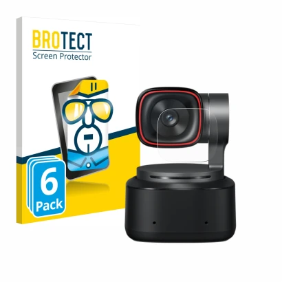 Parte frontal de un envase de producto con el logotipo de la marca BROTECT. Al lado se muestra el dispositivo OBSBOT Tiny 2 co