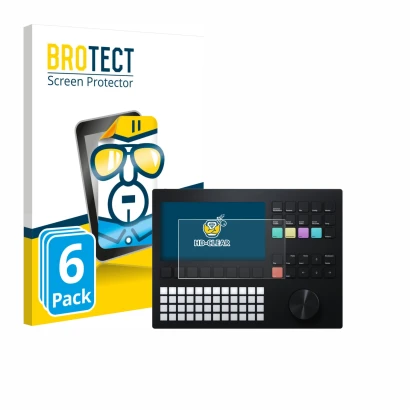 Parte frontal de un envase de producto con el logotipo de la marca BROTECT. Al lado se muestra el dispositivo Polyend Tracker