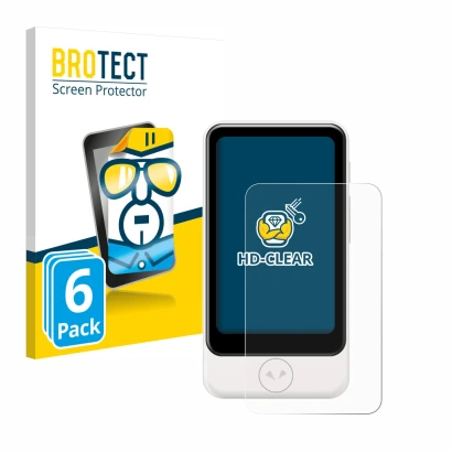 Parte frontal de un envase de producto con el logotipo de la marca BROTECT. Al lado se muestra el dispositivo Pocketalk Plus c