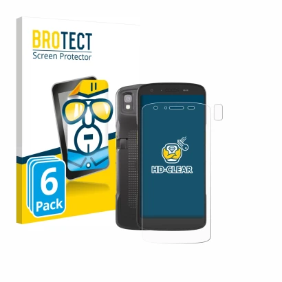Parte frontal de un envase de producto con el logotipo de la marca BROTECT. Al lado se muestra el dispositivo Zebra TC22 (Fron