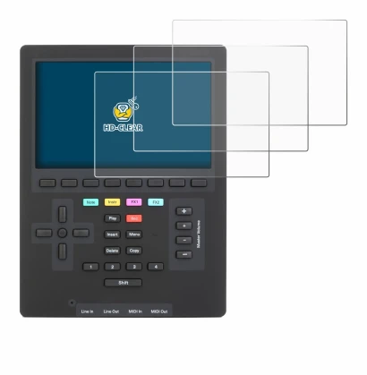 Imagen del dispositivo Polyend Tracker Mini con una amplia variedad de protectores de pantalla.