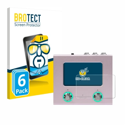 Parte frontal de un envase de producto con el logotipo de la marca BROTECT. Al lado se muestra el dispositivo Hotone Ampero Mi