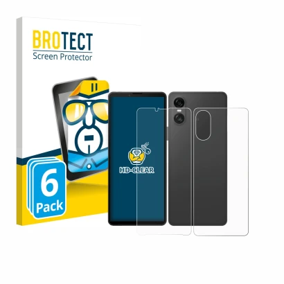 Parte frontal de un envase de producto con el logotipo de la marca BROTECT. Al lado se muestra el dispositivo Sony Xperia 10 V