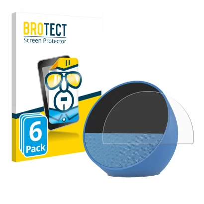 Parte frontal de un envase de producto con el logotipo de la marca BROTECT. Al lado se muestra el dispositivo Amazon Echo Spot