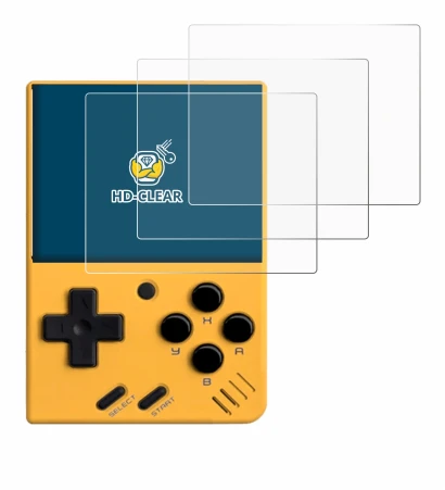 Imagen del dispositivo Miyoo Mini V4 con una amplia variedad de protectores de pantalla.