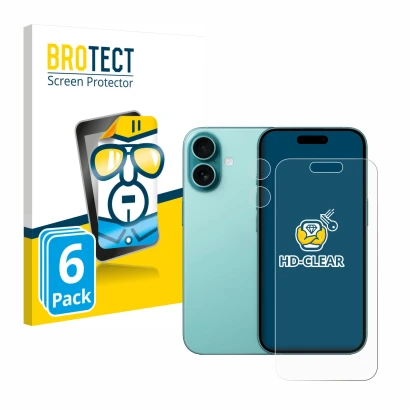 Parte frontal de un envase de producto con el logotipo de la marca BROTECT. Al lado se muestra el dispositivo Apple iPhone 16