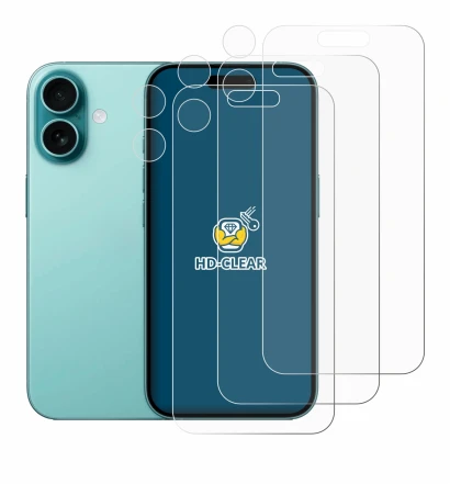Imagen del dispositivo Apple iPhone 16 (Frontal+Cámara) con una amplia variedad de protectores de pantalla.