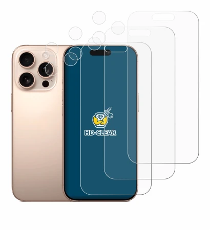 Imagen del dispositivo Apple iPhone 16 Pro (Frontal+Cámara) con una amplia variedad de protectores de pantalla.