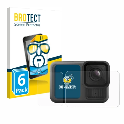 Parte frontal de un envase de producto con el logotipo de la marca BROTECT. Al lado se muestra el dispositivo GoPro Hero 13 Bl