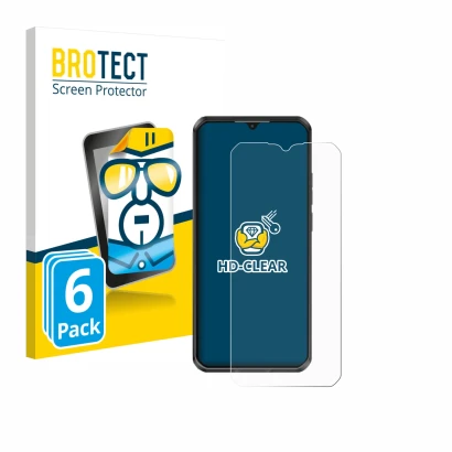 Parte frontal de un envase de producto con el logotipo de la marca BROTECT. Al lado se muestra el dispositivo Oukitel WP50 con