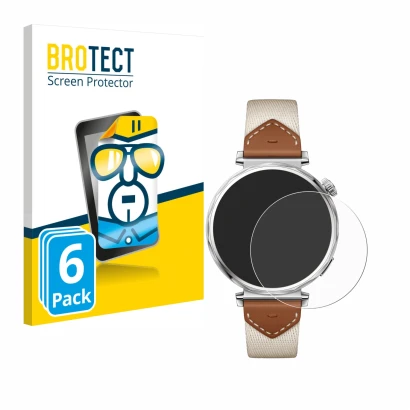 Parte frontal de un envase de producto con el logotipo de la marca BROTECT. Al lado se muestra el dispositivo Huawei Watch GT 