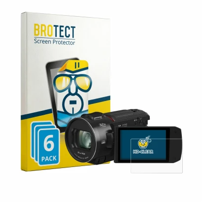 Parte frontal de un envase de producto con el logotipo de la marca BROTECT. Al lado se muestra el dispositivo Panasonic HC-VX3