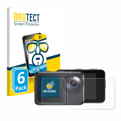 Parte frontal de un envase de producto con el logotipo de la marca BROTECT. Al lado se muestra el dispositivo Akaso Brave 7 LE