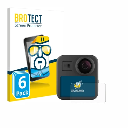 Parte frontal de un envase de producto con el logotipo de la marca BROTECT. Al lado se muestra el dispositivo GoPro Max (2025)