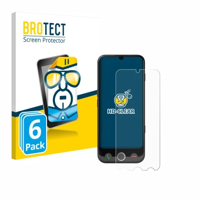 Parte frontal de un envase de producto con el logotipo de la marca BROTECT. Al lado se muestra el dispositivo Doro Aurora A30 