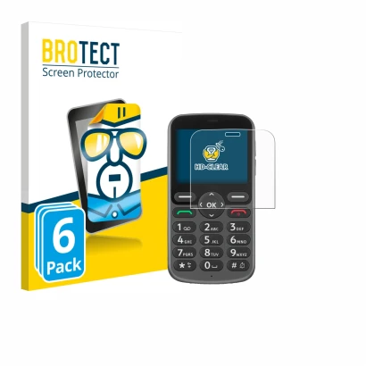 Parte frontal de un envase de producto con el logotipo de la marca BROTECT. Al lado se muestra el dispositivo Doro 1380 con su