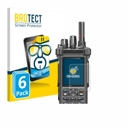 Parte frontal de un envase de producto con el logotipo de la marca BROTECT. Al lado se muestra el dispositivo Radtel RT-950 Pr