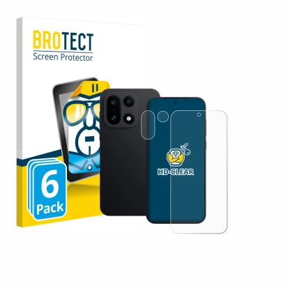 Parte frontal de un envase de producto con el logotipo de la marca BROTECT. Al lado se muestra el dispositivo OnePlus 15 (Fron