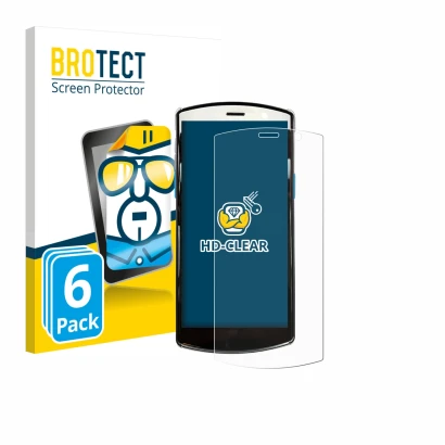 Parte frontal de un envase de producto con el logotipo de la marca BROTECT. Al lado se muestra el dispositivo Unitech EA510 co