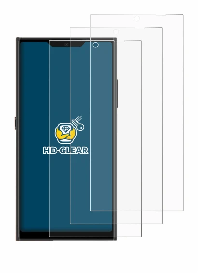 Imagen del dispositivo Jolla Phone con una amplia variedad de protectores de pantalla.