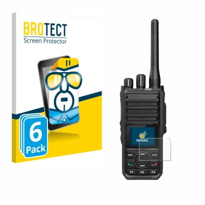 Parte frontal de un envase de producto con el logotipo de la marca BROTECT. Al lado se muestra el dispositivo Hytera HP565 con