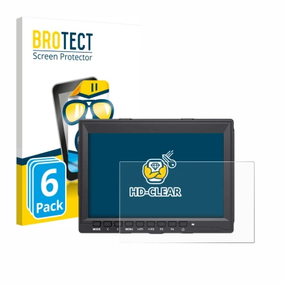 Parte frontal de un envase de producto con el logotipo de la marca BROTECT. Al lado se muestra el dispositivo Feelworld FW759 