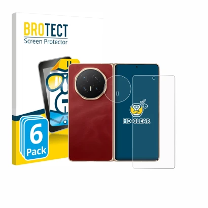 Parte frontal de un envase de producto con el logotipo de la marca BROTECT. Al lado se muestra el dispositivo Honor Magic V6 (