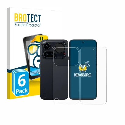 Parte frontal de un envase de producto con el logotipo de la marca BROTECT. Al lado se muestra el dispositivo Nothing Phone (4