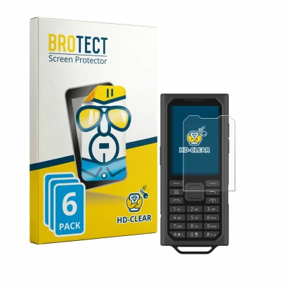 Parte frontal de un envase de producto con el logotipo de la marca BROTECT. Al lado se muestra el dispositivo HMD Terra M con