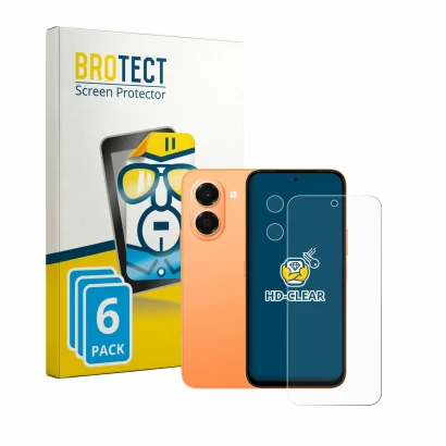 Parte frontal de un envase de producto con el logotipo de la marca BROTECT. Al lado se muestra el dispositivo Honor X7e (Front