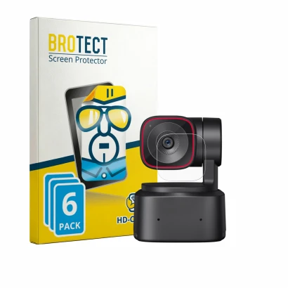 Parte frontal de un envase de producto con el logotipo de la marca BROTECT. Al lado se muestra el dispositivo OBSBOT Tiny 2 Li