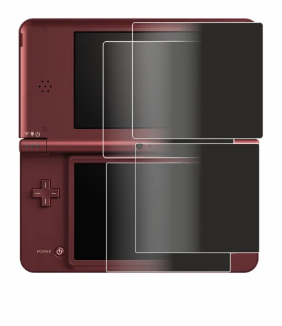 Imagen del dispositivo Nintendo DSi XL con una amplia variedad de protectores de pantalla.