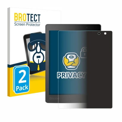 Parte frontal de un envase de producto con el logotipo de la marca BROTECT. Al lado se muestra el dispositivo Kobo Aura One co