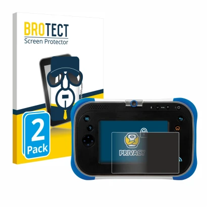 Parte frontal de un envase de producto con el logotipo de la marca BROTECT. Al lado se muestra el dispositivo Vtech Storio Max