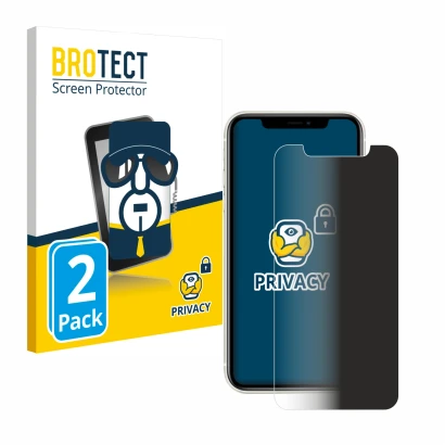 Parte frontal de un envase de producto con el logotipo de la marca BROTECT. Al lado se muestra el dispositivo Apple iPhone 11 