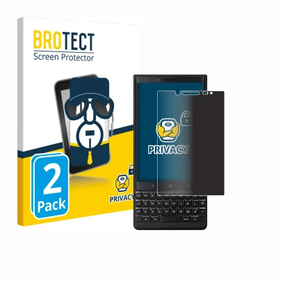 Parte frontal de un envase de producto con el logotipo de la marca BROTECT. Al lado se muestra el dispositivo BlackBerry Key2 